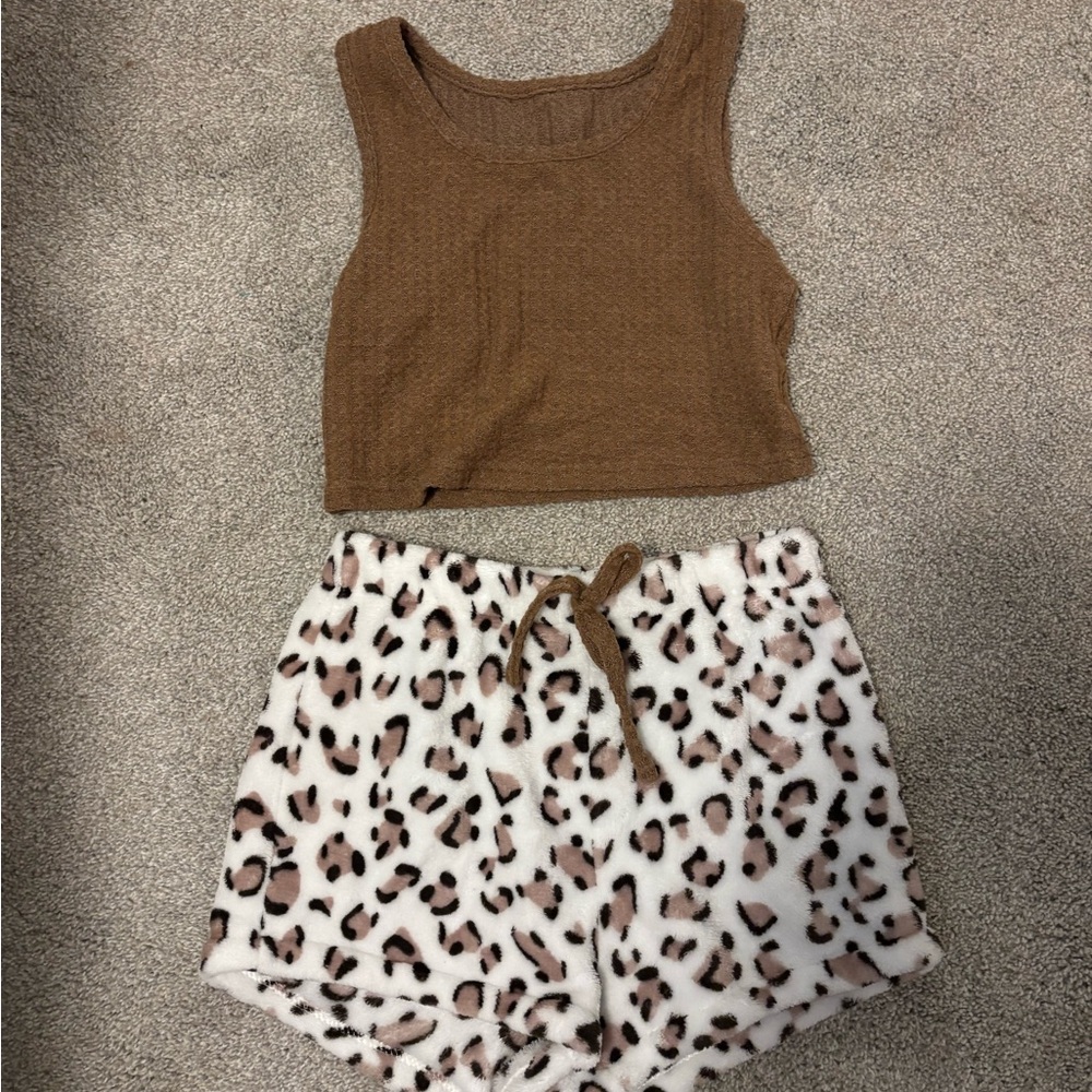 Brown Crop Top and Leopard Print Shorts Set
